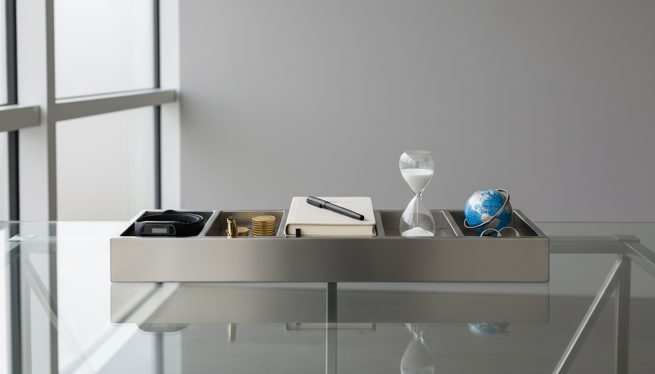 A sleek, brushed stainless steel desk organizer with five distinct compartments, each containing a different item representing health, wealth, lifestyle, mindfulness, and community—such as a fitness band, a gold pen, a minimalist journal, a sand timer, and a small globe. The organizer rests atop a perfectly clean glass desk in an airy modern office with neutral gray walls. Soft midday daylight streams in from a large window, creating crisp, subtle highlights and soft, balanced shadows across the scene. The mood is calm and highly organized, conveying a sense of structure and clarity. Shot from a slightly elevated angle, the composition follows a balanced, symmetrical arrangement with all objects in sharp focus. The artistic style is photographic realism with a clean, professional, and corporate aesthetic supporting personal growth and goal setting.